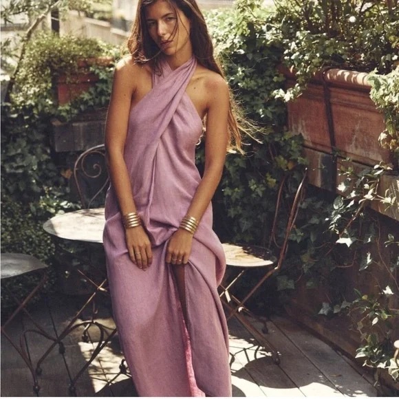 Zara 100% Linen Lavender Halter Dress - Picture 1 of 16